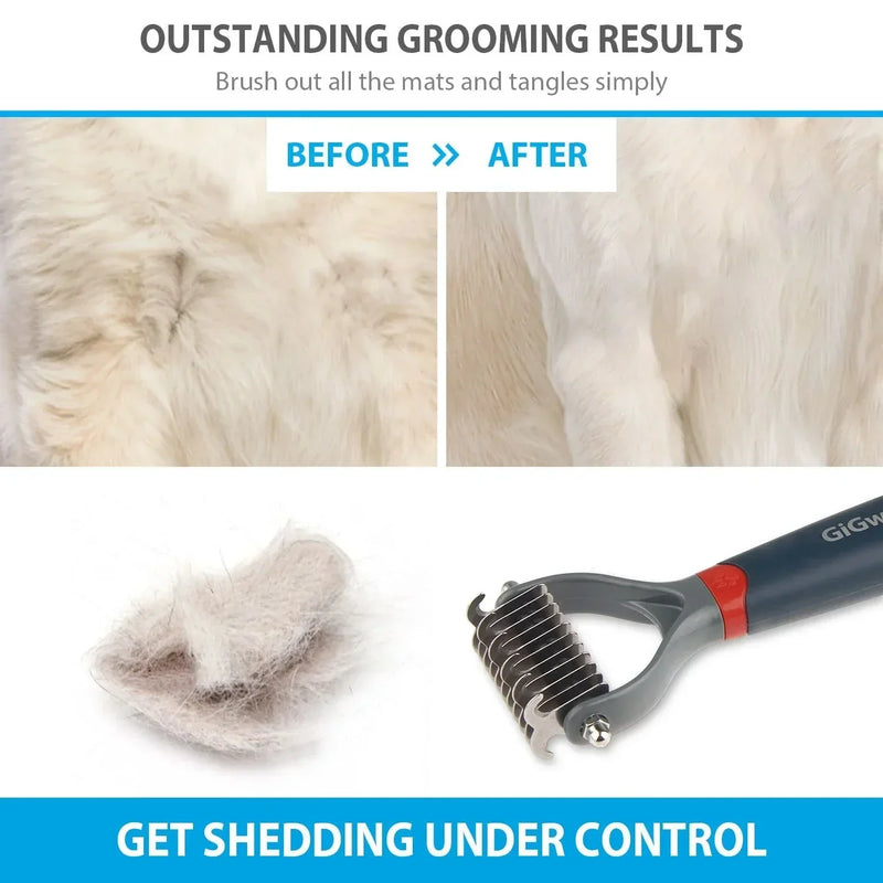 Dual head dematting comb with sharpened inside blades used to remove matted dog hair
