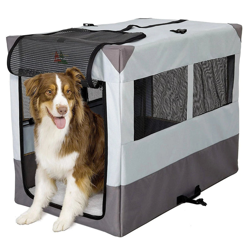 Dog resting in a soft tent crate, the retreat space a foster dog needs in its first days