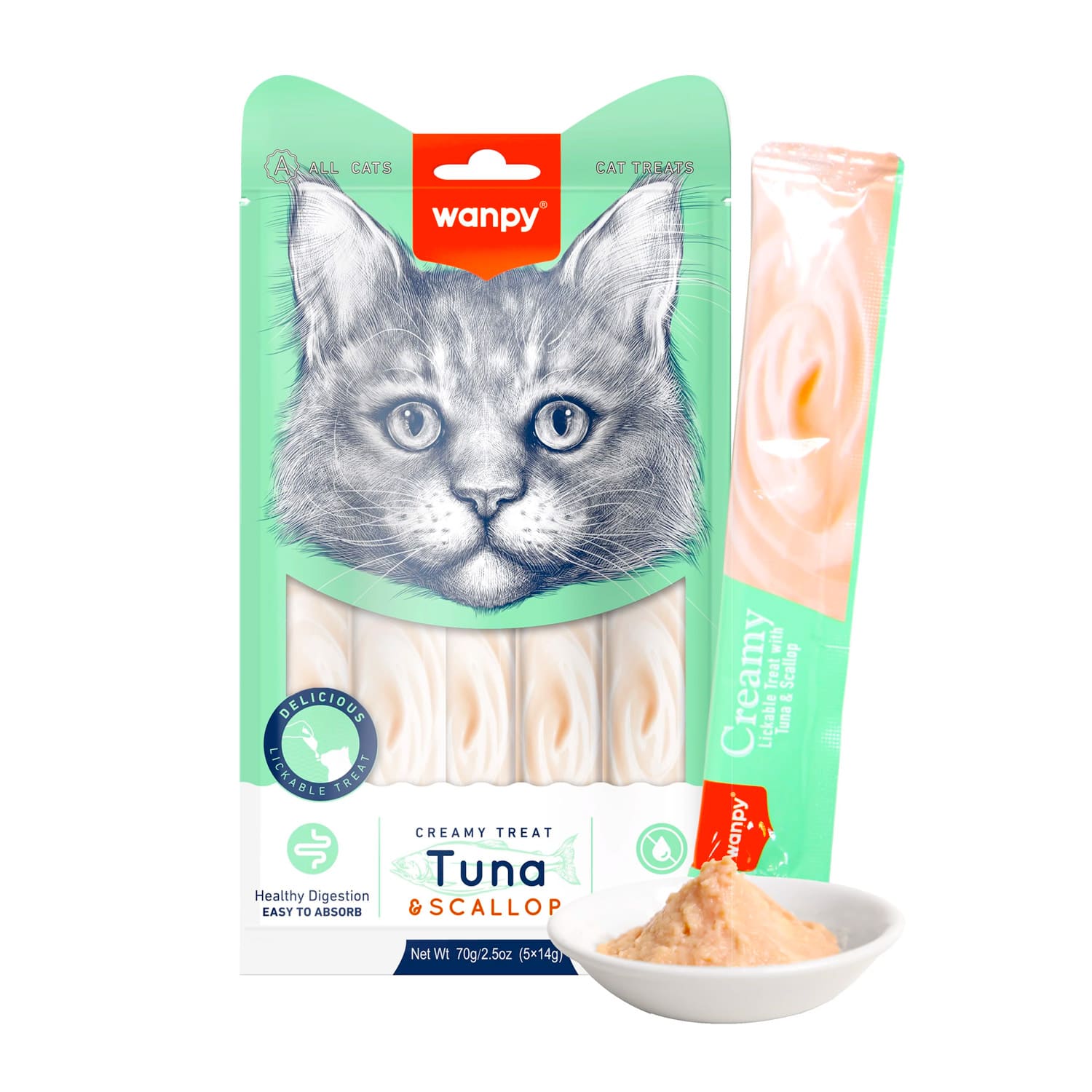 Wanpy Creamy Lickable Cat Treats – Tuna & Scallop (14g x 25pc)