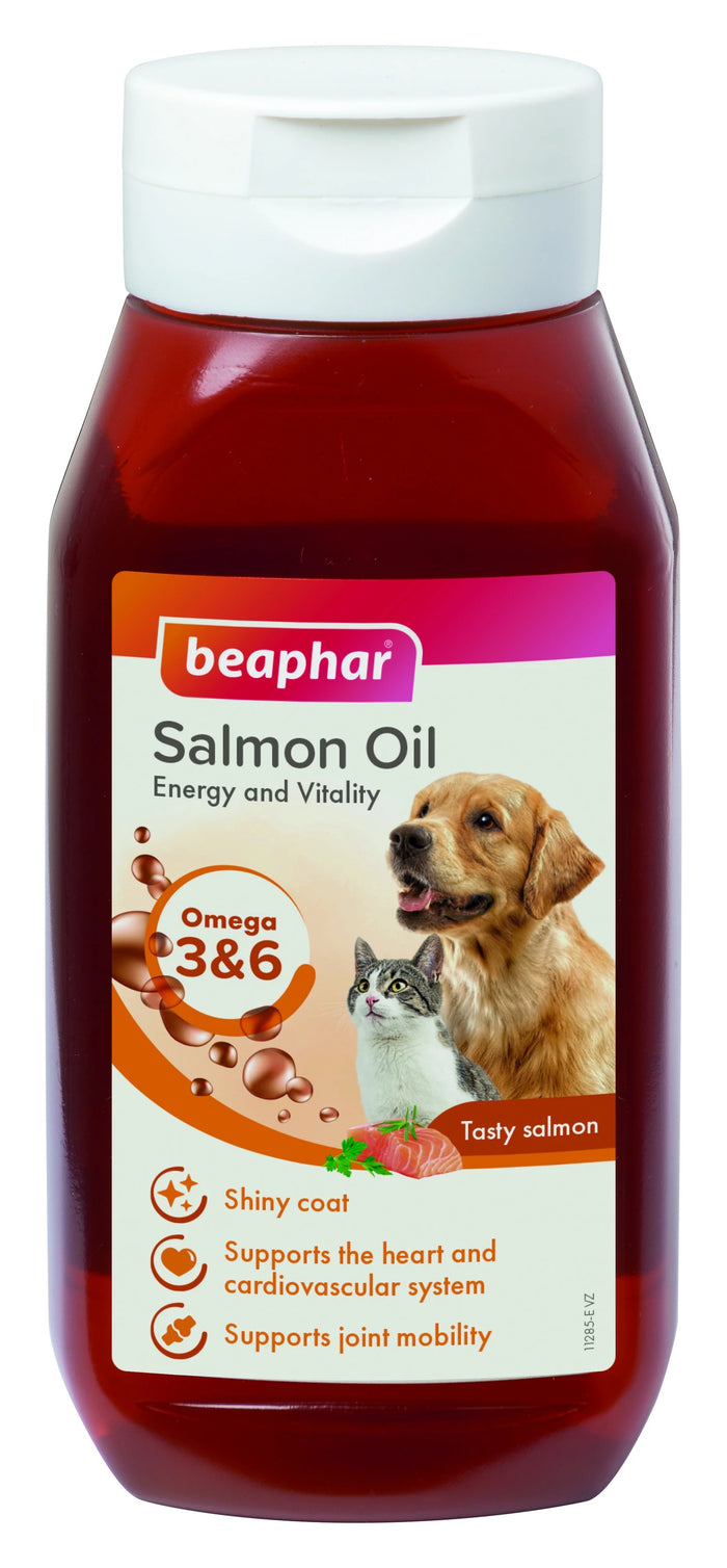 Salmon oil bottle with omega 3 and 6, a supplement used when helping a dog with arthritis